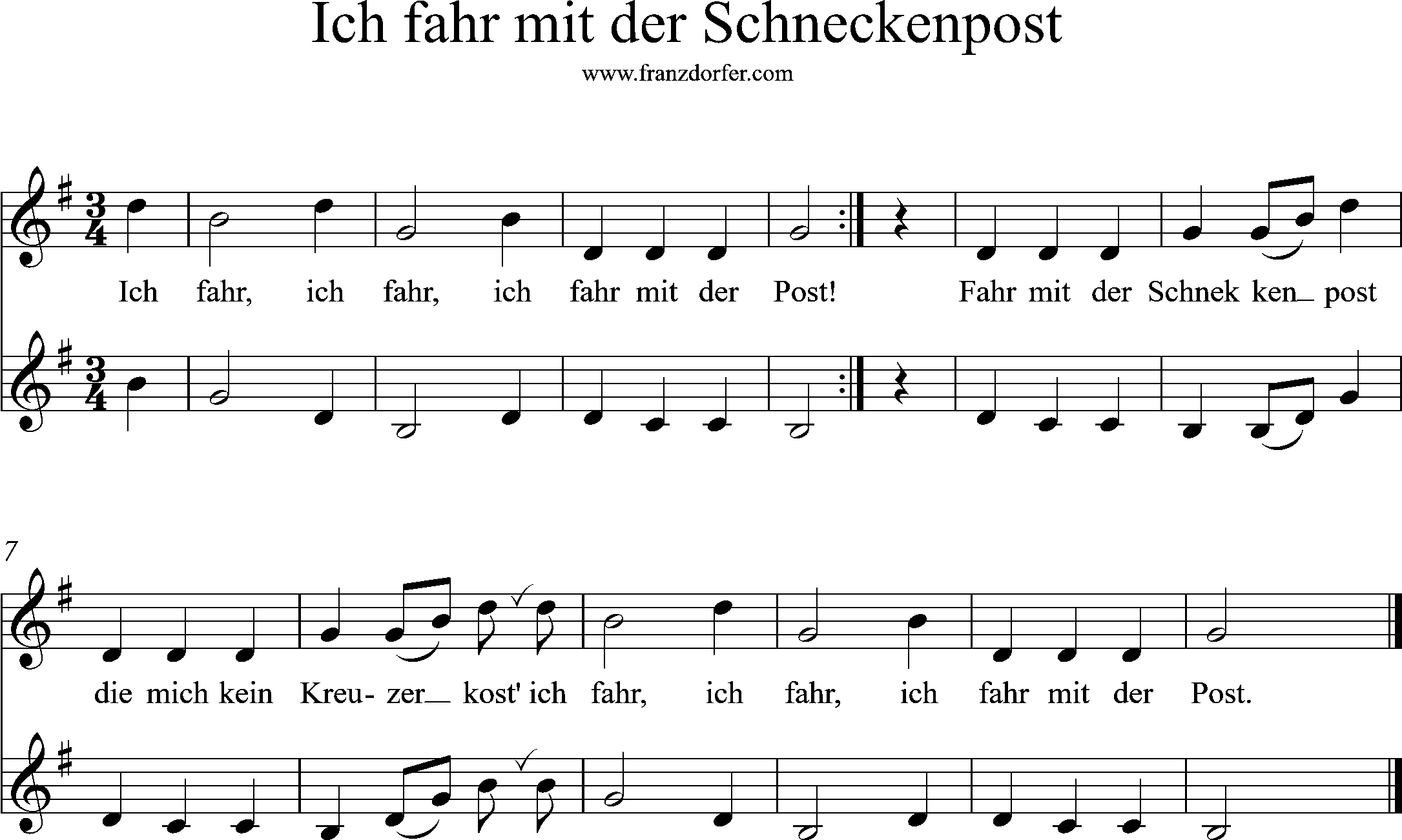 Noten, G-Dur, Ich fahr mit der Schneckenpost